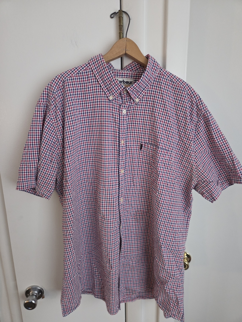 Barboue Seersucker Camp Collar Flannel Short Sleeve Red Button Down Size XL